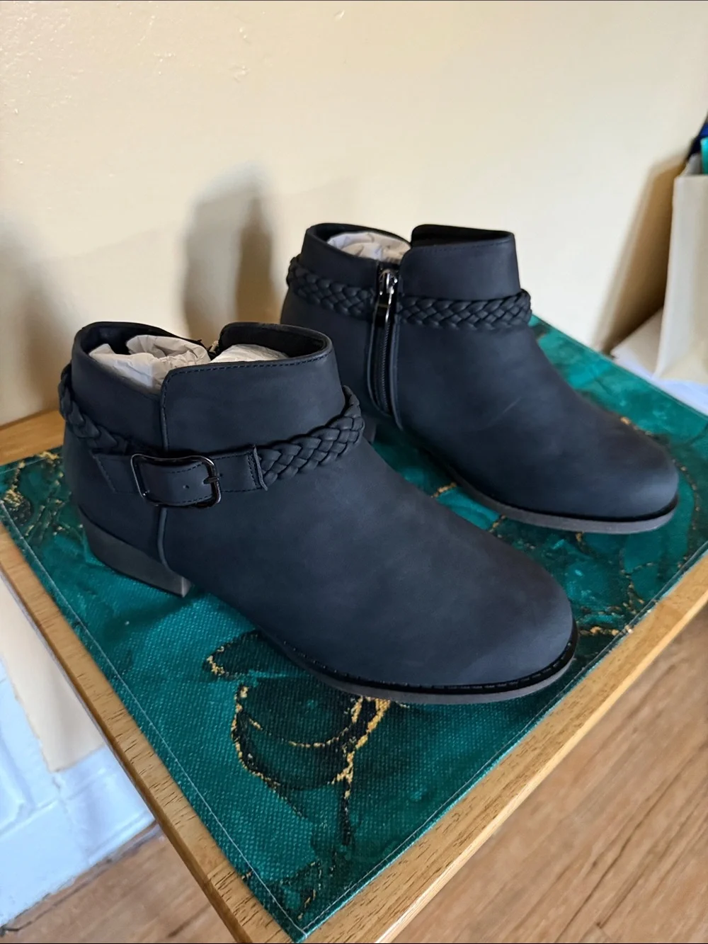Women’s Black Braided-Trim Ankle Booties
